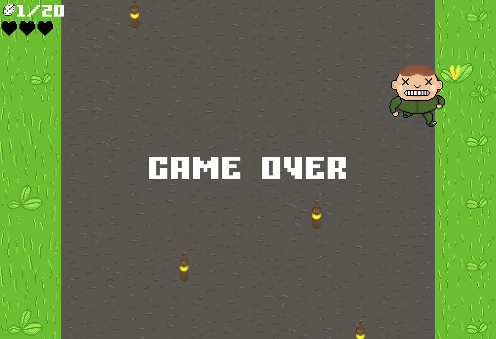 The same character with a game over screen.