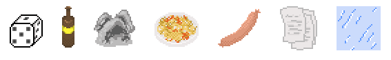 Dice (or Noppa, which learning credits are nicknamed in Finnish), beer, rock, spaghetti, sausage, papers, and ice.